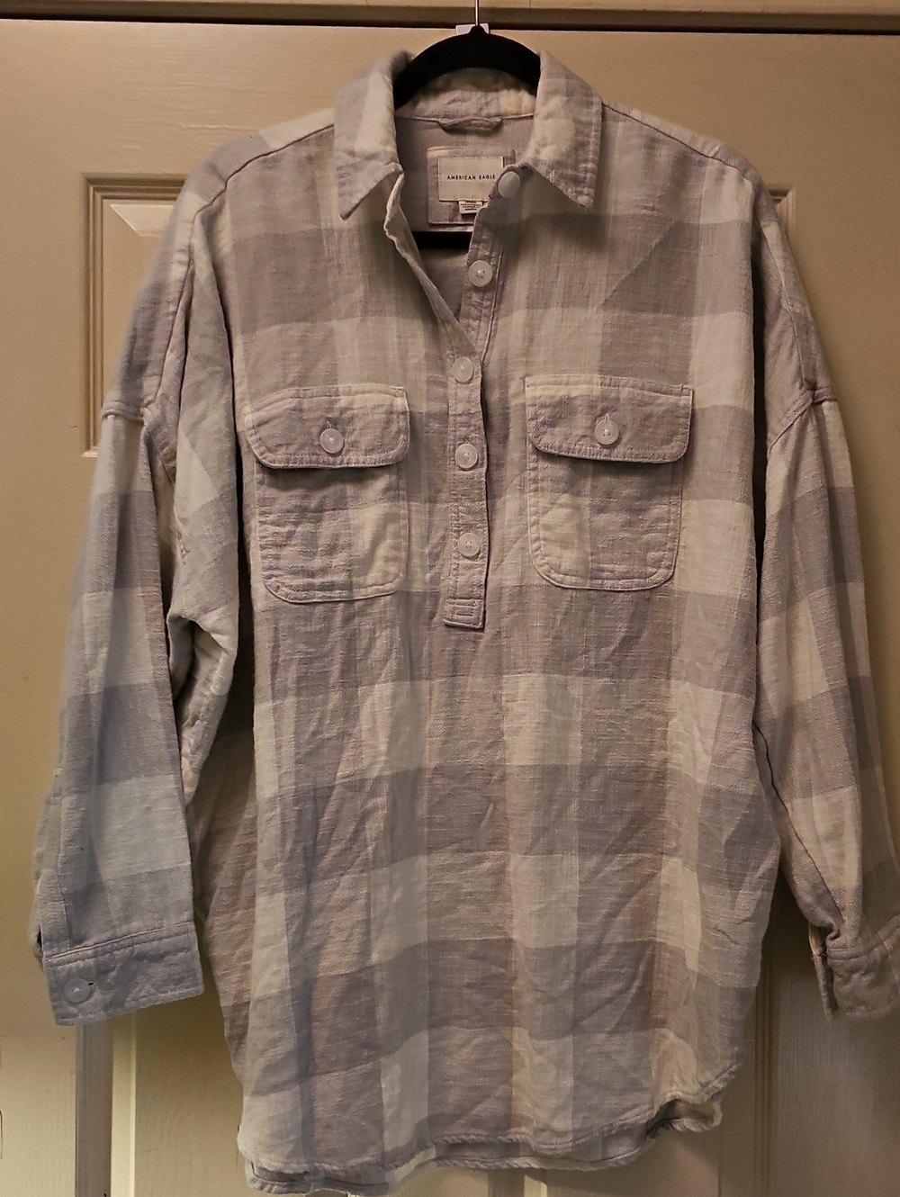 American Eagle Outfitters Light Blue and White Button-Front Buffalo Check Shirt